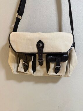 Giorgio Armani Canvas Messenger Bag Croc Embossed Leather Trim Italy